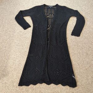 Context Crochet Duster Cardigan Womens Small Black Long Open Knit Festival